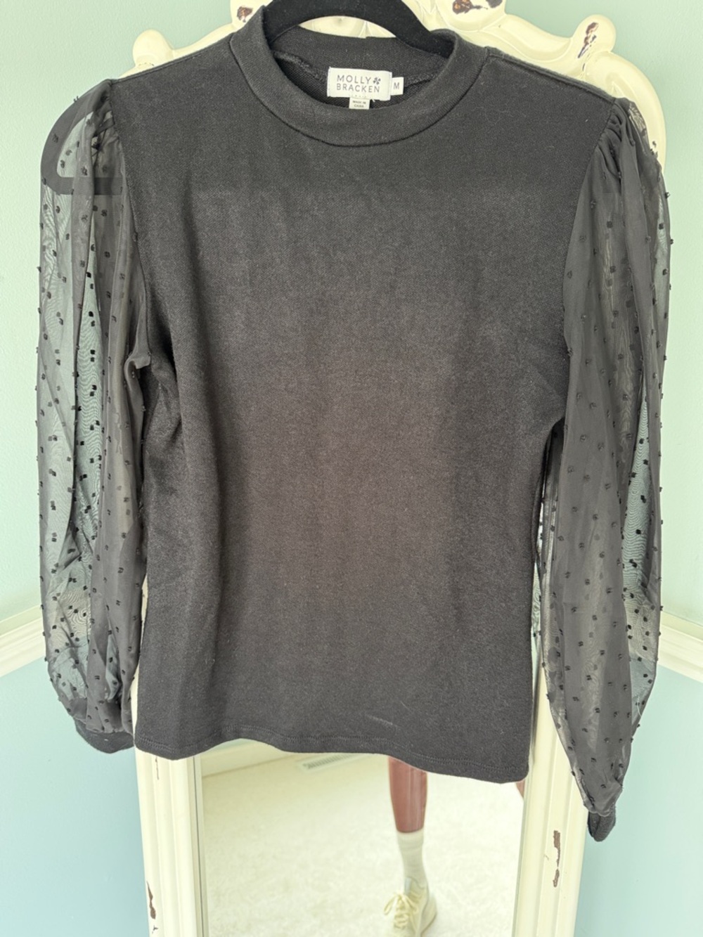 Molly Bracken Black Puff-Sleeve Sheer Dot Knit Top